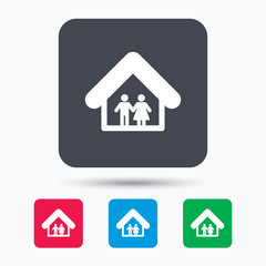 Family icon. Father and mother in home symbol. Colored square buttons with flat web icon. Vector
