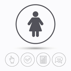 Woman icon. Female human symbol. User sign. Chat speech bubbles. Check tick, report chart and hand click. Linear icons. Vector