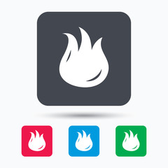 Fire icon. Blazing bonfire flame symbol. Colored square buttons with flat web icon. Vector