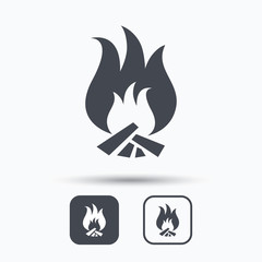 Fire icon. Blazing bonfire flame symbol. Square buttons with flat web icon on white background. Vector
