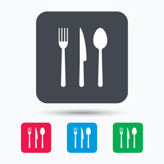 Fork, knife and spoon icons. Cutlery symbol. Colored square buttons with flat web icon. Vector