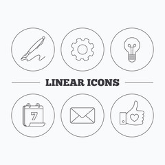 Mail, heart and lightbulb icons. Pen linear sign. Flat cogwheel and calendar symbols. Linear icons in circle buttons. Vector