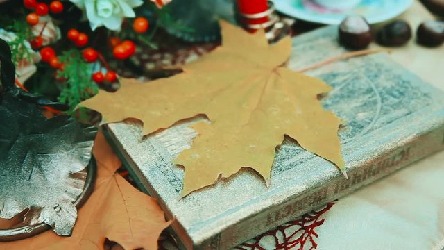 Maple autumn leaf on a book. The book is on the table. Autumn, yellow leaves. A park.