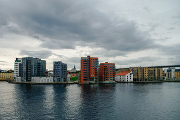  Cityscape. Downtown and embankment of Stavanger city from ferry. Norway
