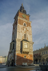 Fototapeta na wymiar Town Hall Tower in the main market square (Rynek Glowny) in Krakow in Poland.