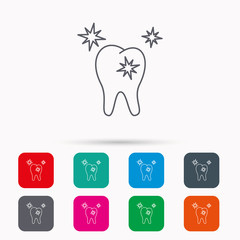 Healthy tooth icon. Dental protection sign. Linear icons in squares on white background. Flat web symbols. Vector