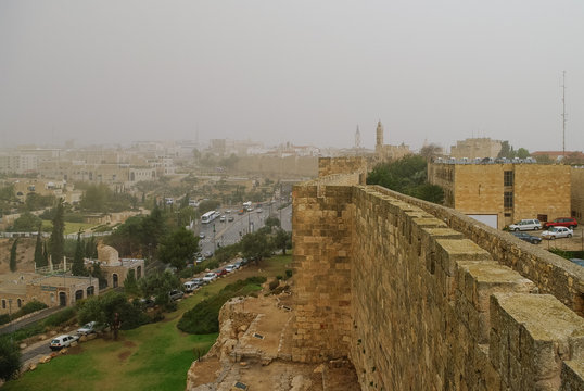 View from Jerusalem old city walls in sandstorm. Jerusalem, Israel
