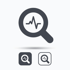 Heartbeat in magnifying glass icon. Cardiology symbol. Medical pressure sign. Square buttons with flat web icon on white background. Vector