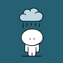 Cute sad man with the cloud and rain on the blue background. Sadness and rainy autumn - cartoon vector illustration.