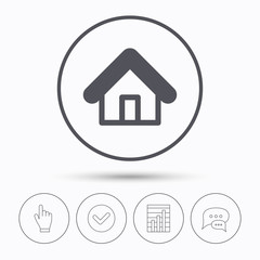Home icon. House building symbol. Real estate construction. Chat speech bubbles. Check tick, report chart and hand click. Linear icons. Vector