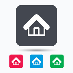 Home icon. House building symbol. Real estate construction. Colored square buttons with flat web icon. Vector