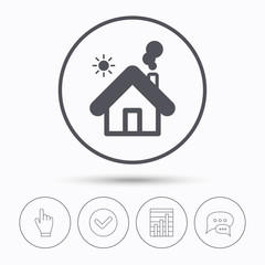 Home icon. House building symbol. Real estate construction. Chat speech bubbles. Check tick, report chart and hand click. Linear icons. Vector