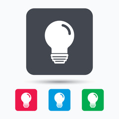 Light bulb icon. Lamp sign. Illumination technology symbol. Colored square buttons with flat web icon. Vector