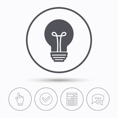 Fototapeta na wymiar Light bulb icon. Lamp sign. Illumination technology symbol. Chat speech bubbles. Check tick, report chart and hand click. Linear icons. Vector