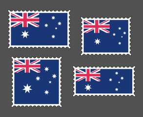Australian flag postage stamp set, isolated on grey background, vector illustration.
