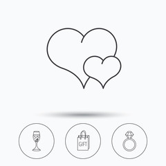 Love heart, gift bag and wedding ring icons. Engagement linear sign. Linear icons in circle buttons. Flat web symbols. Vector