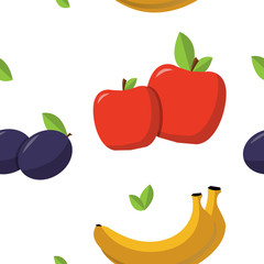 banana, apples, plums, leaves, pattern in flat style on a white