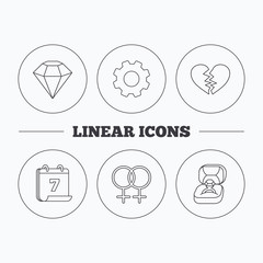 Broken heart, diamond and engagement ring icons. Lesbian love linear sign. Flat cogwheel and calendar symbols. Linear icons in circle buttons. Vector