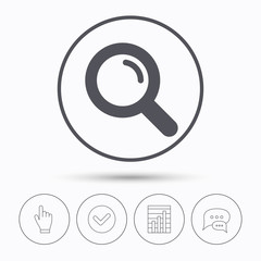 Magnifier icon. Search magnifying glass symbol. Chat speech bubbles. Check tick, report chart and hand click. Linear icons. Vector