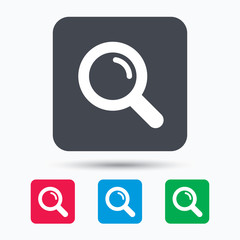 Magnifier icon. Search magnifying glass symbol. Colored square buttons with flat web icon. Vector