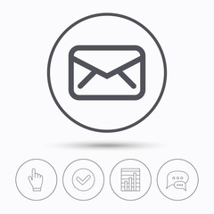 Envelope icon. Send email message sign. Internet mailing symbol. Chat speech bubbles. Check tick, report chart and hand click. Linear icons. Vector