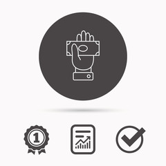 Money icon. Cash in giving hand sign. Payment symbol. Report document, winner award and tick. Round circle button with icon. Vector