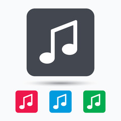 Music icon. Musical note sign. Melody symbol. Colored square buttons with flat web icon. Vector