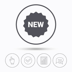 New icon. Special offer star symbol. Chat speech bubbles. Check tick, report chart and hand click. Linear icons. Vector