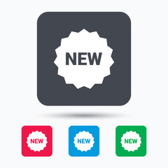 New icon. Special offer star symbol. Colored square buttons with flat web icon. Vector