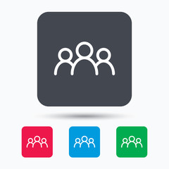 People icon. Group of humans sign. Team work symbol. Colored square buttons with flat web icon. Vector