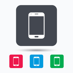 Smartphone icon. Mobile phone communication symbol. Colored square buttons with flat web icon. Vector