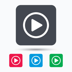 Play icon. Audio or Video player symbol. Colored square buttons with flat web icon. Vector