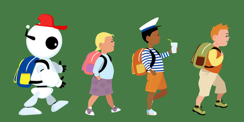 Cute robot going to school together with little kids, EPS 8 vector illustration