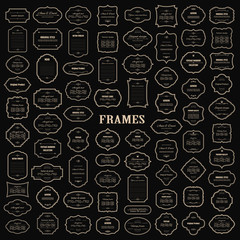 Frames, labels with decorative elements and sample text mega set on black.
