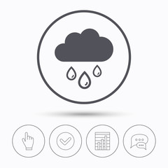 Cloud with rain drops icon. Rainy day symbol. Chat speech bubbles. Check tick, report chart and hand click. Linear icons. Vector