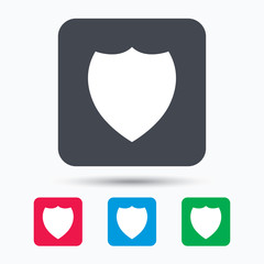 Shield protection icon. Defense equipment symbol. Colored square buttons with flat web icon. Vector