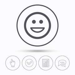 Happy smile icon. Smiley laugh emoticon symbol. Chat speech bubbles. Check tick, report chart and hand click. Linear icons. Vector