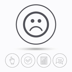 Sad smiley icon. Bad feedback symbol. Chat speech bubbles. Check tick, report chart and hand click. Linear icons. Vector