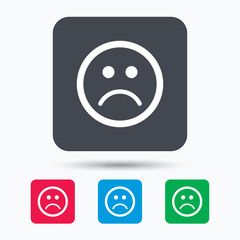 Obraz premium Sad smiley icon. Bad feedback symbol. Colored square buttons with flat web icon. Vector