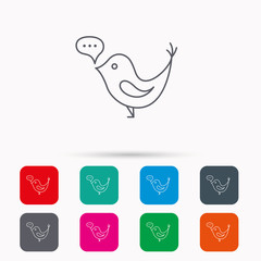 Bird with speech bubble icon. Chat talk sign. Social media concept symbol. Linear icons in squares on white background. Flat web symbols. Vector