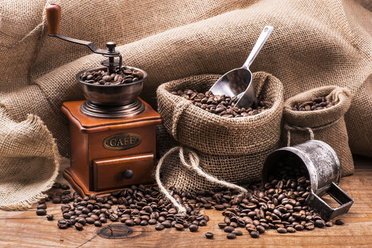 Fototapeta chicchi di caffè tostato e macinino