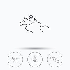 Pilates, bobsled and horseback riding icons. Ski jumping linear sign. Linear icons in circle buttons. Flat web symbols. Vector