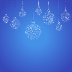 Greeting, christmas card with Christmas balls and snowflakes.