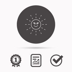 Sun rays icon. Summer sign. Hot weather symbol. Report document, winner award and tick. Round circle button with icon. Vector
