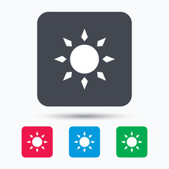 Sun icon. Sunny weather symbol. Colored square buttons with flat web icon. Vector