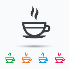 Tea cup icon. Hot coffee drink symbol. Colored flat web icon on white background. Vector