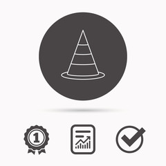 Fototapeta premium Traffic cone icon. Road warning sign. Report document, winner award and tick. Round circle button with icon. Vector