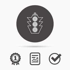 Traffic light icon. Safety direction regulate sign. Report document, winner award and tick. Round circle button with icon. Vector