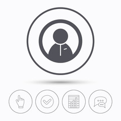 User icon. Human person symbol. Chat speech bubbles. Check tick, report chart and hand click. Linear icons. Vector
