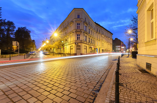 Vintage architecture in Gliwice, in the evening.